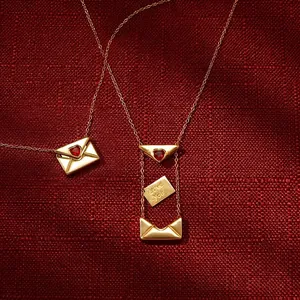 Collier Pendentif Enveloppe en Acier Inoxydable Avec Coeur Zircone Rouge Message Caché Love You Bijoux pour Femmes