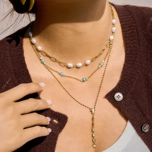 Vintage Edelstahl Süßwasserperlenkette Für Damen Vergoldet Türkis Zirkonia Anhänger Y Kette Böhmischer Schmuck Geschenk