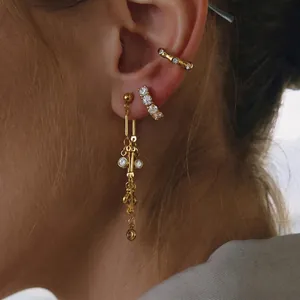 Stainless Steel Zircon Tassel Drop Earrings For Women Gold Silver Plated Elegant Fashion Geometric Chain Inlay Jewelry Gift