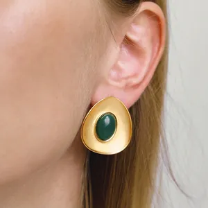 Vintage Stainless Steel Geometric Stud Earrings Women Matte Gold Plated Resin Oval Stone Inlaid Waterproof Jewelry Gift