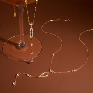 Stainless Steel Y Necklace 18K Gold Plated Zirconia Waterdrop Tassel Lariat Long Sweater Chain For Women Jewelry