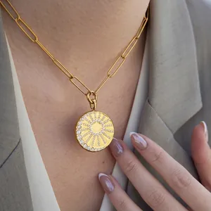 Sunburst Pendant Necklace Stainless Steel 18K Gold Plated Zirconia Paperclip Chain For Women Daily Jewelry Gift