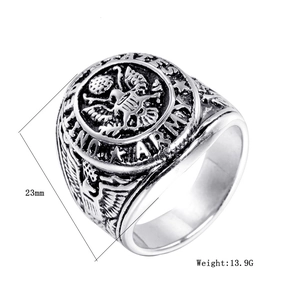 Detailed view of US Army eagle insignia on 23mm vintage stainless steel ring