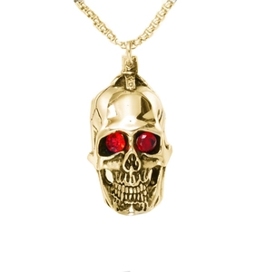 Punk style gold skull pendant necklace with red gemstone eyes and square link chain