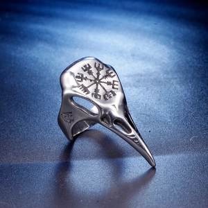 Vintage stainless steel Viking raven skull ring featuring Vegvisir and Valknut symbols