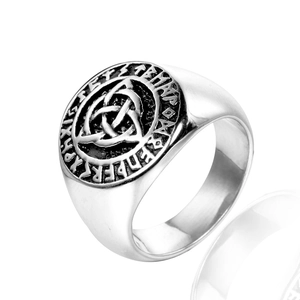 Vintage Viking Triquetra ring with Norse runes in stainless steel finish for men