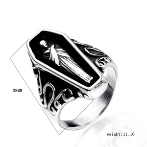 Macro detail of gothic coffin ring showing skeleton carving, 28mm height and 11.1g weight