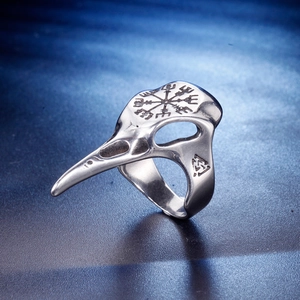 Vintage Viking crow skull stainless steel ring featuring Vegvisir and Valknut symbols