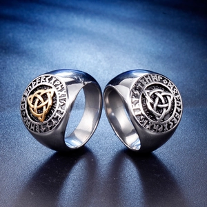 Vintage Viking Celtic knot titanium steel rings with Nordic runes in silver and gold