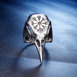 Vintage Viking Raven Skull Ring For Men Stainless Steel Gothic Punk Nordic Vegvisir Valknut Compass Signet Ring Jewelry