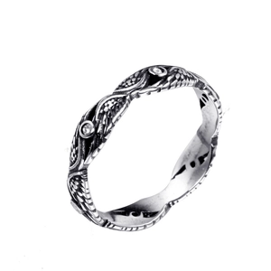 Vintage silver feather ring in titanium steel with sparkling cubic zirconia accents