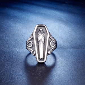 Vintage gothic stainless steel coffin ring with grim reaper and engraved scrollwork