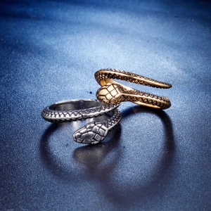 Mens stainless steel snake ring set with textured scale pattern in gold and silver finish