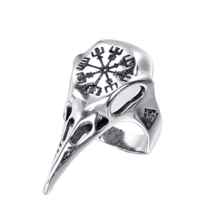 Vintage stainless steel Viking raven skull ring with Vegvisir and Valknut symbols
