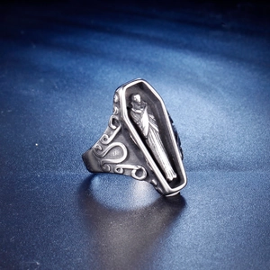 Gothic vintage stainless steel ring with coffin design and skull carving for men