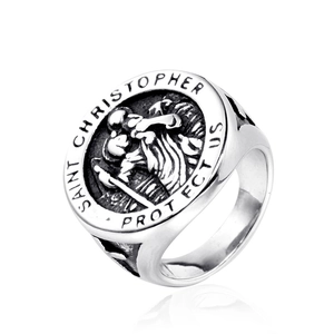 Saint Christopher Protect Us Stainless Steel Signet Ring Vintage Religious Christian Patron Saint Medal Ring For Men Women