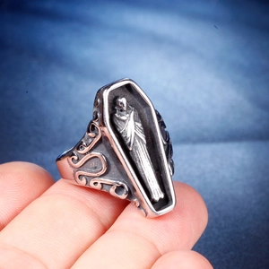 Gothic punk coffin ring in vintage stainless steel with skull relief and floral texture