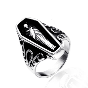 Gothic Stainless Steel Coffin Skull Relief Ring For Men Women Vintage Punk Antiqued Biker Skeleton Ring Fashion Jewelry Gift