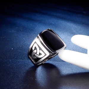 Vintage men's stainless steel signet ring with black onyx inlay and Celtic knot engraving