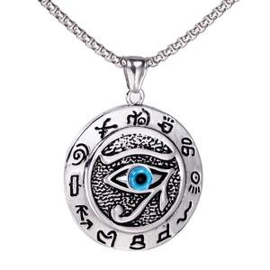 Collier en acier inoxydable Oeil d'Horus avec perle bleue et pendentif rond