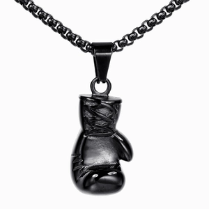 Polished black boxing glove pendant necklace with box chain for street fashion