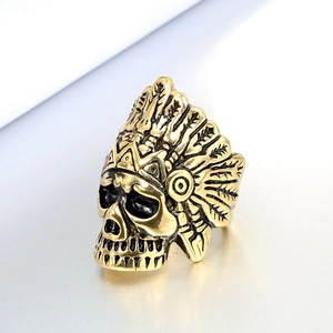 Hip hop men's gold plated stainless steel ring featuring an Indian chief skull design