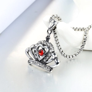 Elegant crown heart pendant necklace in silver stainless steel with deep red gemstone