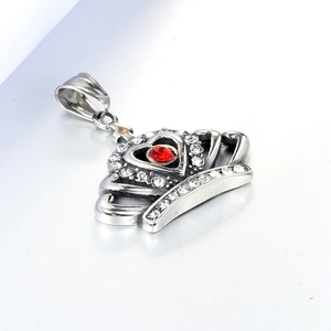 Crown-shaped stainless steel pendant with a red gemstone heart and white zircons