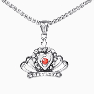 Stainless Steel Crown Heart Pendant With Red Rhinestone For Women Elegant Silver Jewelry Pendant Only Without Chain