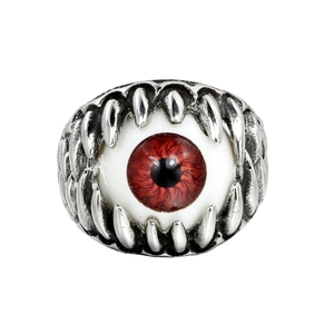 Vintage punk devil eye ring with sharp teeth design and red glass eyeball in stainless steel