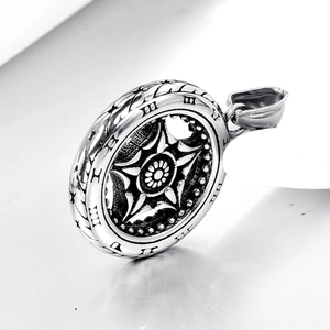 Vintage stainless steel tire pendant necklace with Roman numerals and sunburst engraving