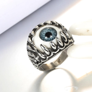 Vintage punk devil eye ring with blue iris and gothic silver claw setting for men and women
