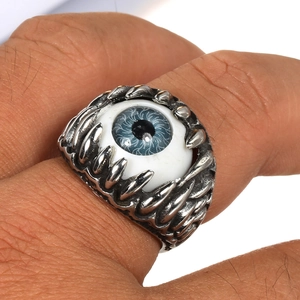 Retro stainless steel evil eye ring with blue eyeball and punk style claw setting