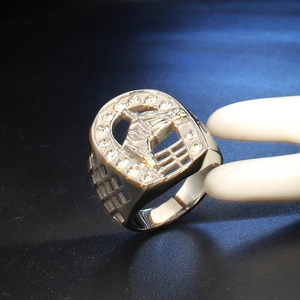 Mens silver horseshoe ring with horse head relief and sparkling inlaid crystals