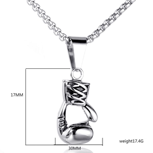 Detail of silver boxing glove pendant with dimensions showing 17mm height and 30mm width