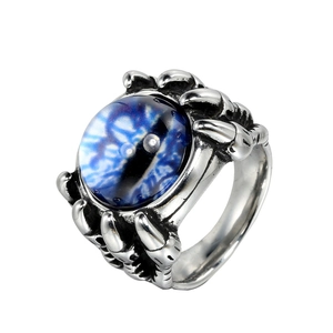 Retro stainless steel dragon claw ring with blue evil eye stone in a punk gothic style