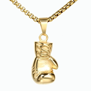 Polished gold boxing glove pendant necklace with high-shine finish on a box chain
