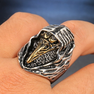Vintage gothic plague doctor skull ring in two-tone stainless steel for men punk style