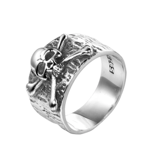 Anello da uomo in argento S925 con teschio e ossa incrociate stile punk vintage