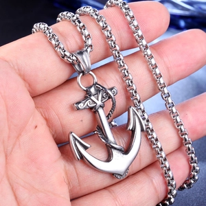 Vintage stainless steel anchor pendant necklace with box chain for men's hip hop style