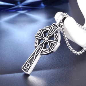 Men's punk titanium steel necklace featuring a Celtic knot cross pendant and box chain