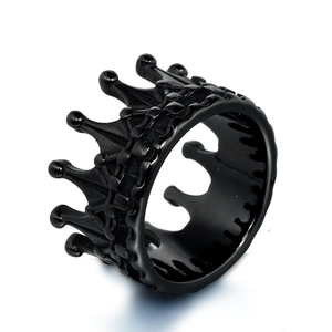 Classic black crown band ring in matte stainless steel with cross and sphere details