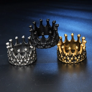 Three-color crown rings in matte black, vintage silver, and bright gold finishes
