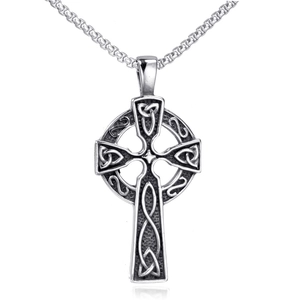 Vintage silver Celtic cross pendant necklace with box chain in stainless steel