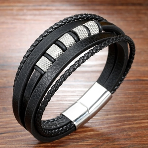 Men Fashion Multilayer Braided Cowhide Leather Bracelet Stainless Steel Magnetic Clasp Metal Beads Wristband Jewelry