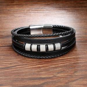 Men's braided black leather bracelet with stainless steel magnetic clasp and silver beads