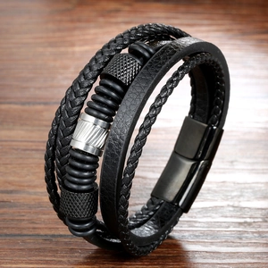Men Multi-layer Braided Leather Bracelet Stainless Steel Magnetic Clasp Punk Style Black Cord Wristband Fashion Jewelry Gift