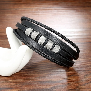 Men's multilayer black braided leather bracelet with five textured silver metal beads