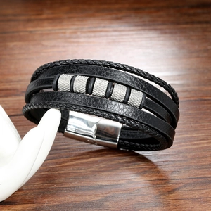 Men's multilayer braided black leather bracelet with silver beads and magnetic clasp