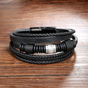 Multi-layer black braided leather bracelet for men with silver stainless steel metal accents